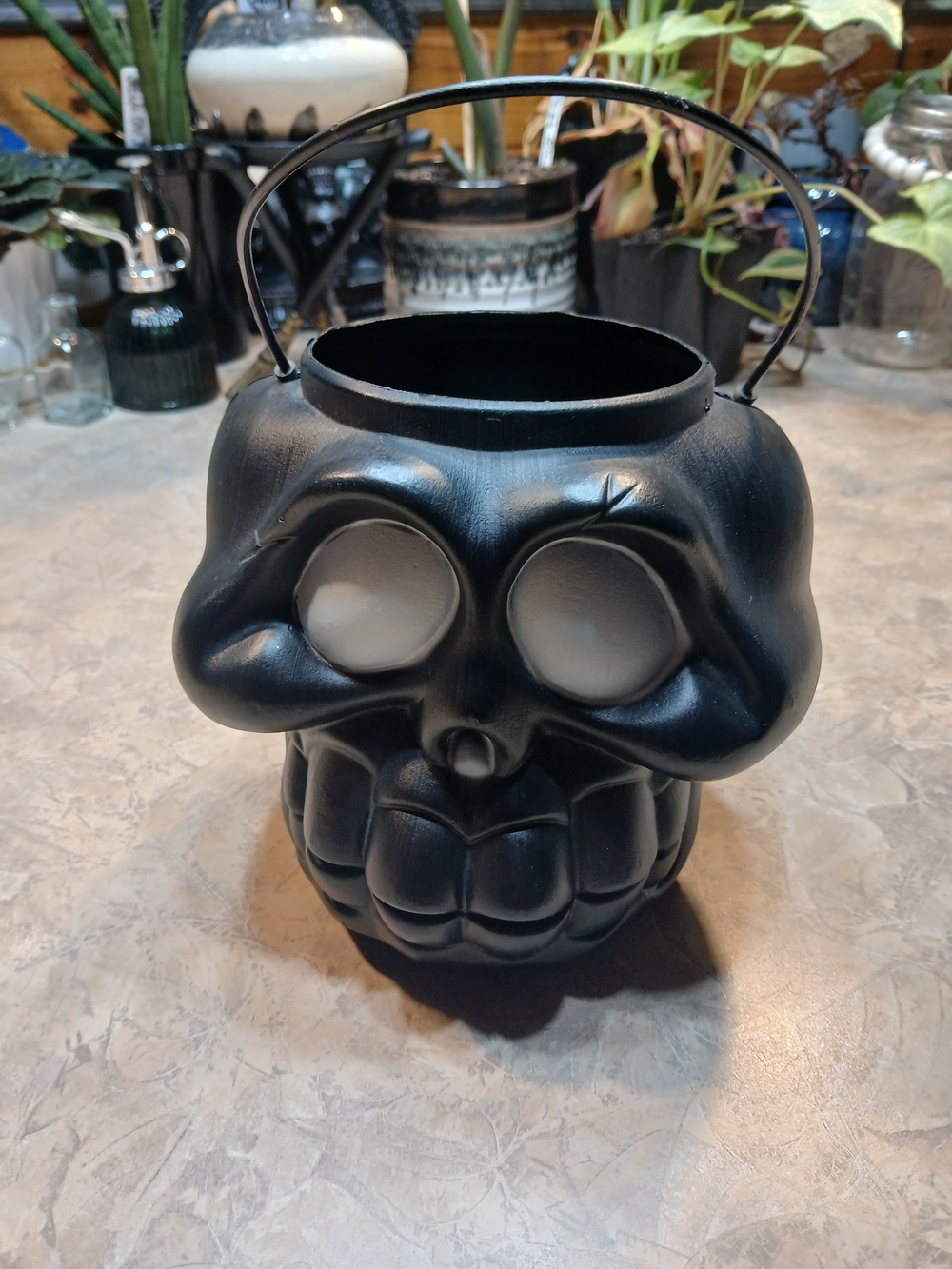 80's Vintage Blow Mold Black Skull Halloween Candy Bucket